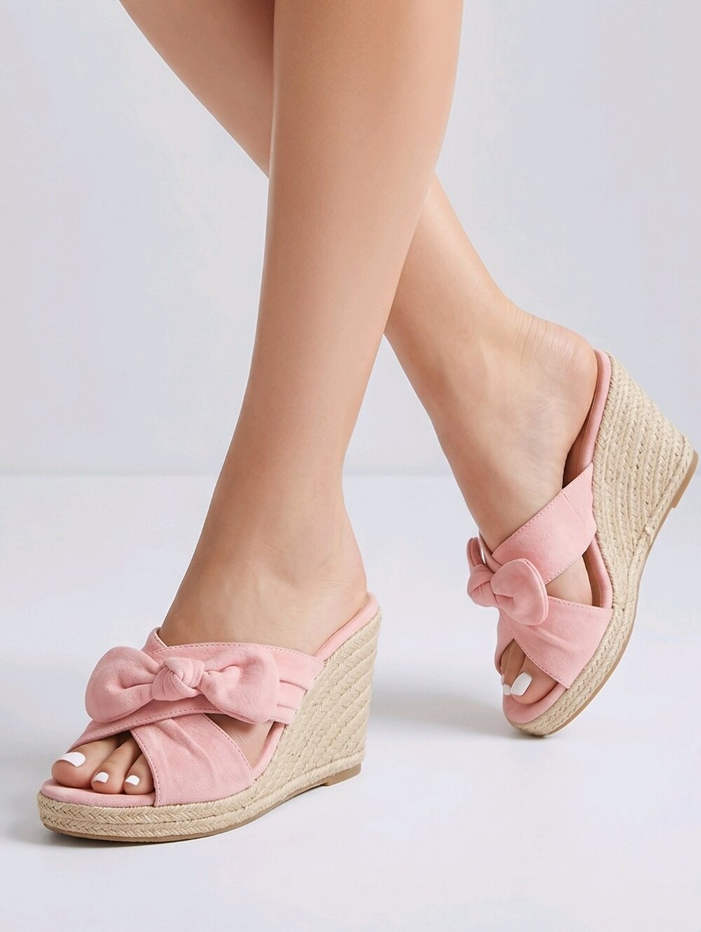 NEW Fashare Elegant Pink Bow Wedge Sandals